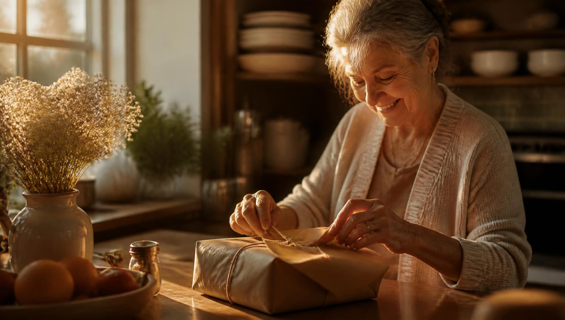 An older woman opening a hand-wrapped gift in a sunlit kitchen